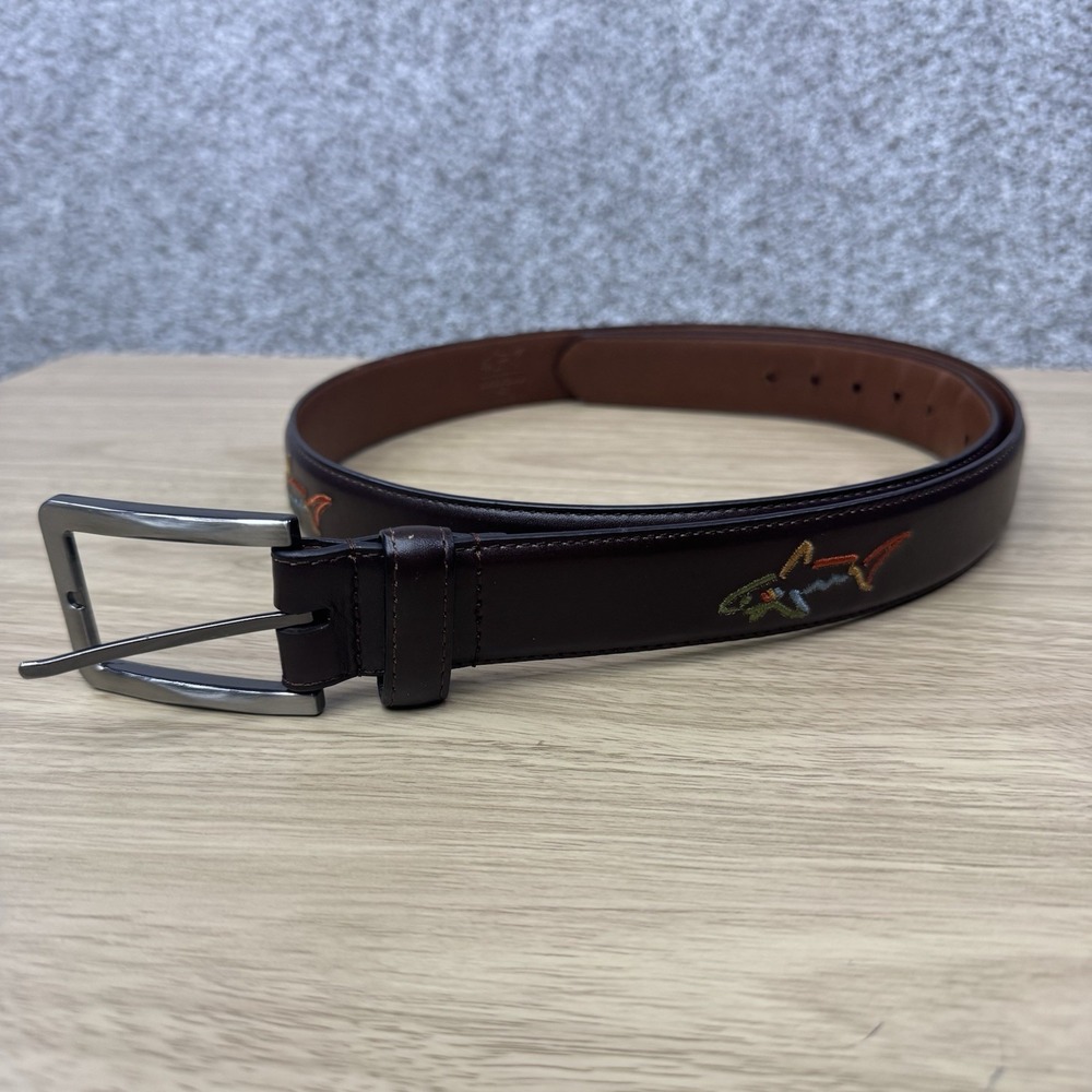 Greg Norman Leather Belt Men's Size 42 Embroidered Shark Logos Genuine Leather